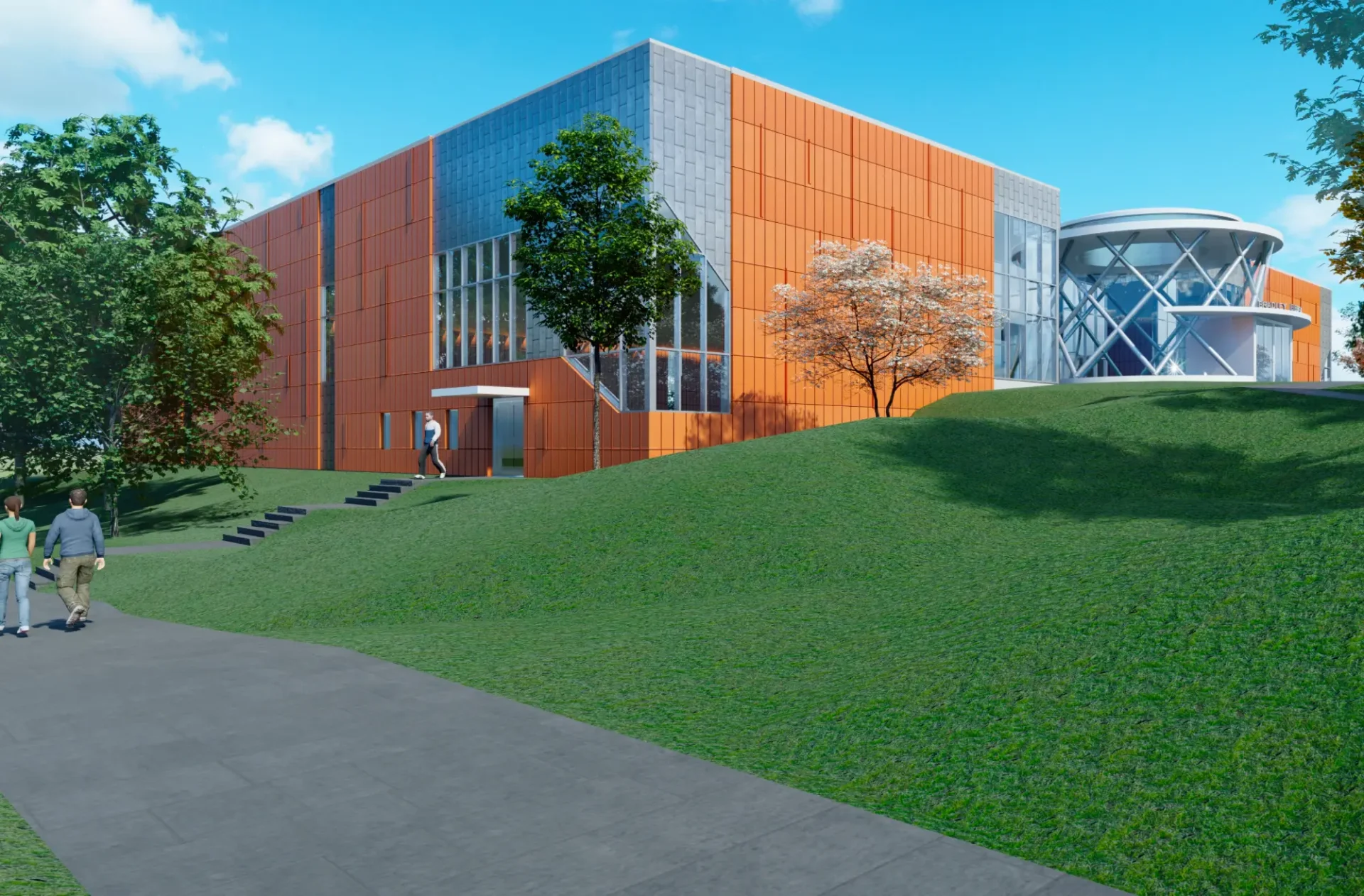 A rendering of the exterior of an orange building.