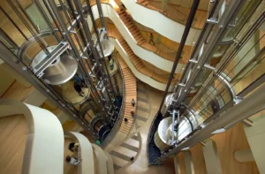 A view of some stairs and stairways in a building.