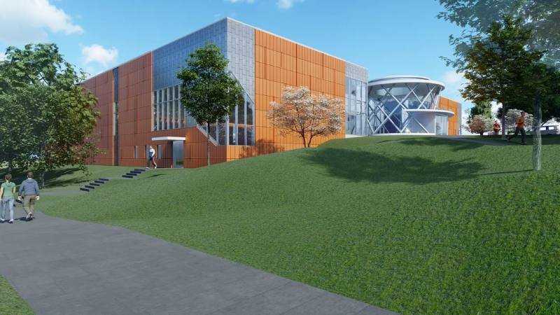 A rendering of the exterior of an orange building.