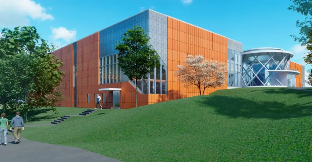 A rendering of the exterior of an orange building.